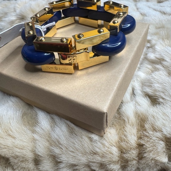 Tory Burch Chunky Gold and Blue Chain Bracelet - Picture 4 of 10